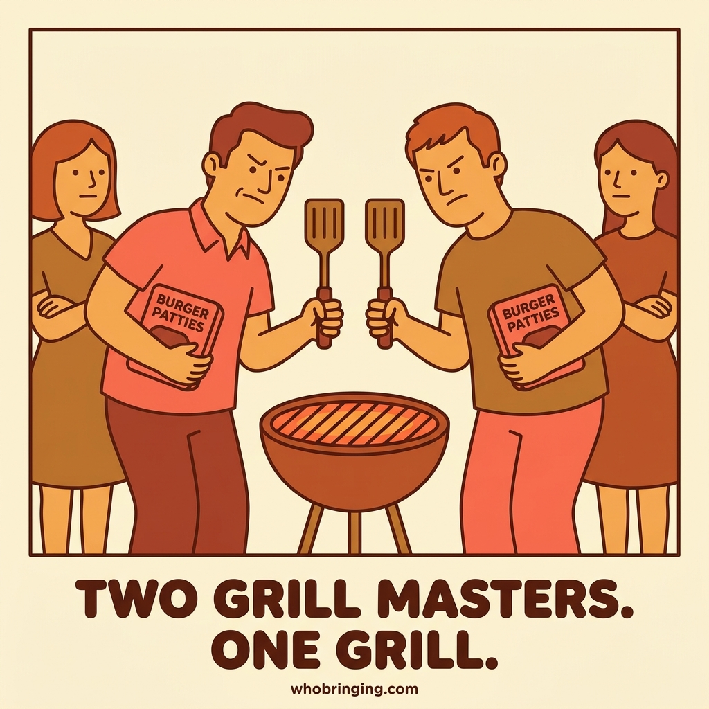 Two people fighting over the grill at a cookout